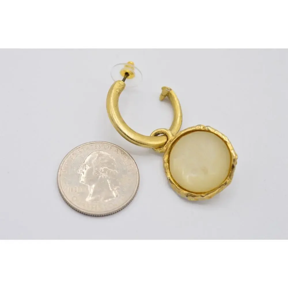 Vintage Cabochon Earrings Brushed Gold Dangle Frosted Milky Bead 1980s BinAA